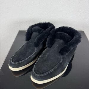 LORO PIANA Open Walk Ankles Bootie Black Suede & Ivory Fur EU 39 US 9 ITALY